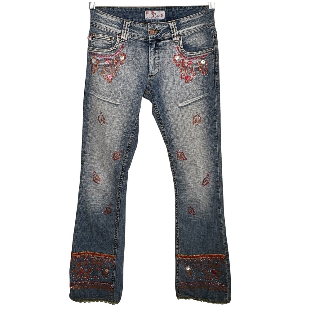 VTG Y2k Boho Crest Low Rise Bootcut Jeans Sz 3/4 Festival Embroidered Metallic